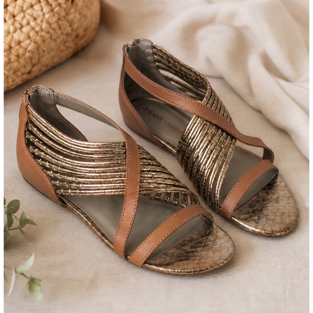 Franco Sarto L-Paddy Sandals Womens 7M Brown Gold Strappy Leather Boho Metallic